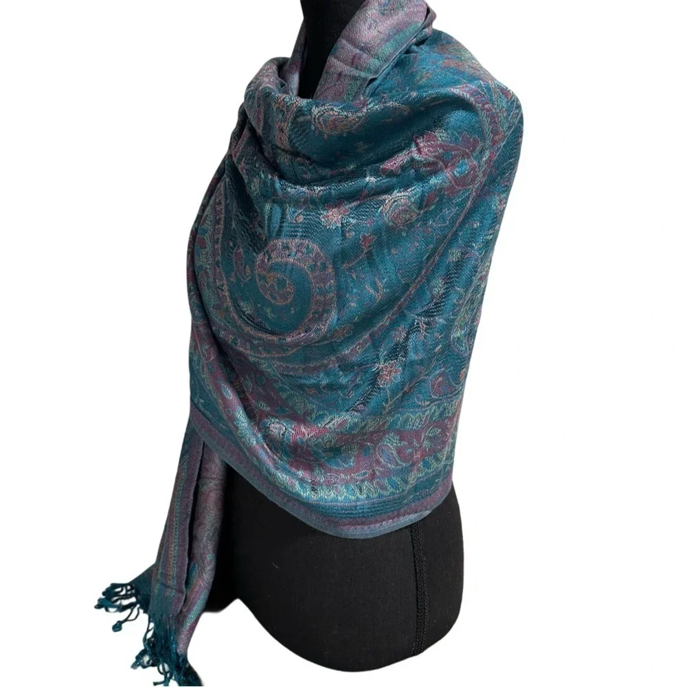 Elegant Shawl in Metallic Green Paisley-Versatile Wrap, Scarf, Veil, Soft Cozy